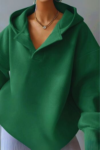 Know Women's 3 Thread Green Relax Collar Detail Oversize Hooded Sweatshirt