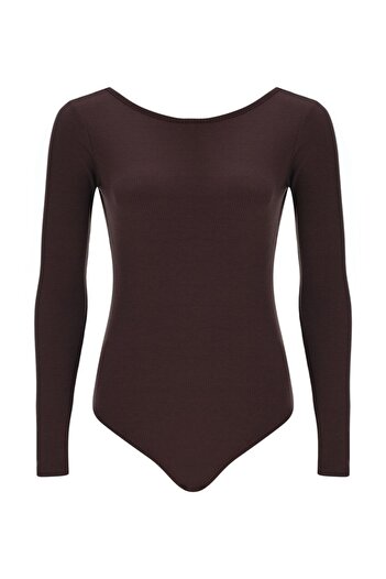 La Sarta Long Sleeve Low-Cut Back Snap Fastener Brown Bodysuit