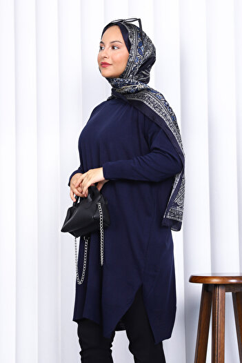 İmajButik Navy Blue Crew Neck Mercerized Casual Knitwear Tunic