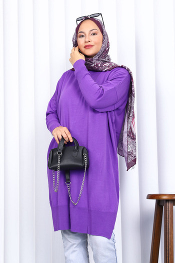 İmajButik Σκούρο λιλά Crew Neck Mercerized Casual Knitwear Tunic