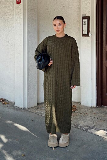 Swist Rochie midi din tricot pentru femei, cu gât rotund, împletită, kaki