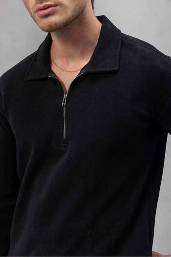 Valiberta Eric Relax Fit Half Zip Polo Neck Thessaloniki Fabric Men's Sweatshirt - Black