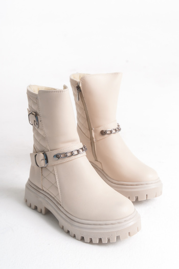Moda Lime Girl's Quilted Zippered Chain and Buckle Detailed Waterproof Flexible Comfortable Sole Winter Boots