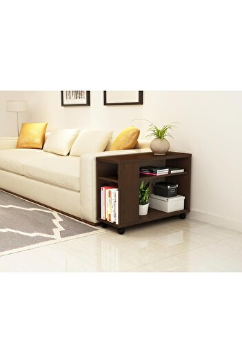 Eleva Home Modern Wooden Side Table with Shelves & Casters, Multifunctional End Table for Small Space