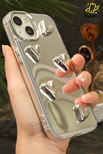 Fibaks iPhone 13 - 14 - 15 Compatible Case Mirrored Silver 3D Heart Pattern Shock Absorbing Silicone Cover
