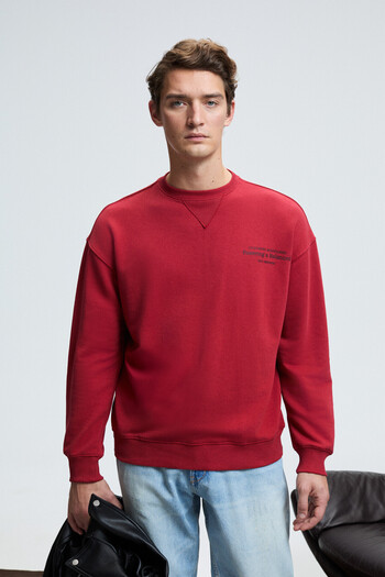 GRIMELANGE Caspian Men's 100% Cotton Crew Neck Karyoka Stitched Printed Red Sweatshirt