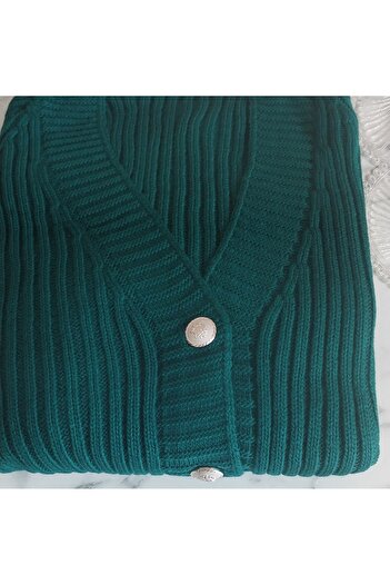 Dagü Design Women's Ribbed Buttoned Green Knit Cardigan