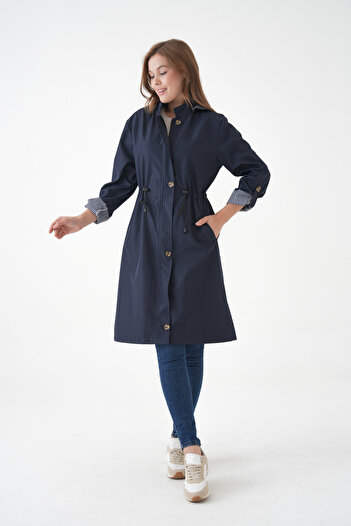 Ayşo Navy Blue Wind, Waterproof Bondit Fabric Detachable Buttoned Hooded Trench Coat with Tunnel Waist