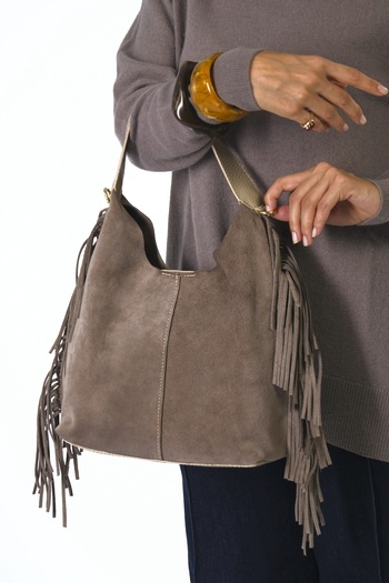 ABBRA Women's Suede Puppy Bag with Tassels on the Sides