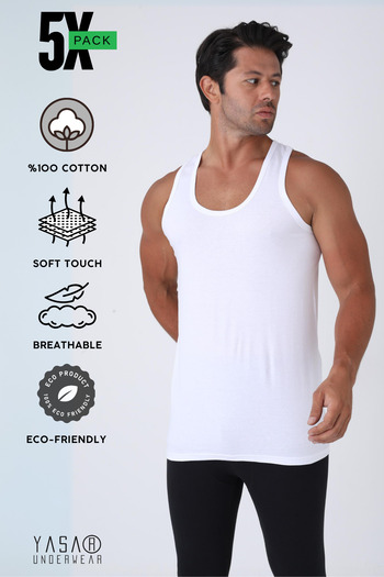 YASAR UNDERWEAR Men's 100% Cotton Classic Tank Top - White (Pack of 5)