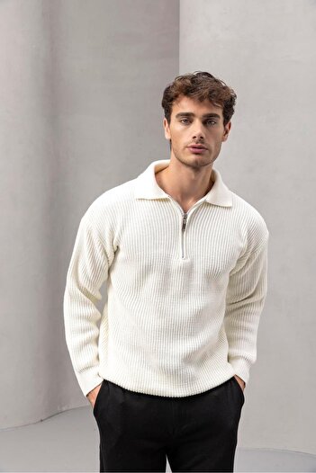 Valiberta Gibson Oversize Yarım Fermuar Gömlek Polo Yaka Selanik Örme Erkek Triko Kazak - Ekru