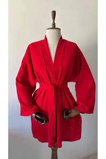 Glowear Atelier Red Linen Blended Belted Design Kimono