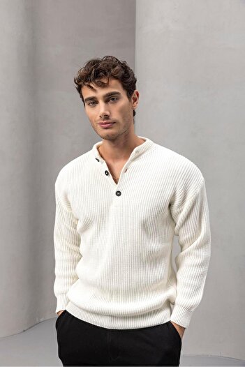 Valiberta Wes Thessaloniki Knitted 3 Buttons Half Placket Άνετη εφαρμογή Ανδρικό πλεκτό πουλόβερ - Εκρού