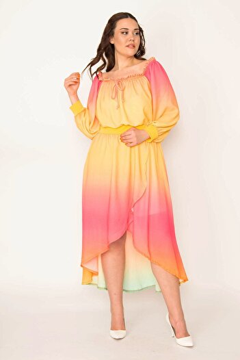 Şans Women's Plus Size Color Collar and Elastic Waist Detail Long Back Lined Chiffon Dress 65n32598