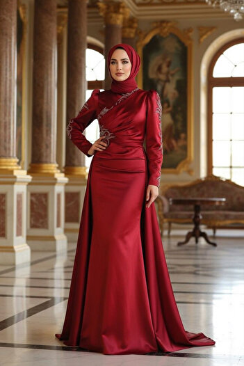 Neva Style Burgundy Satin Hijab Evening Dress with Tail 22881Br