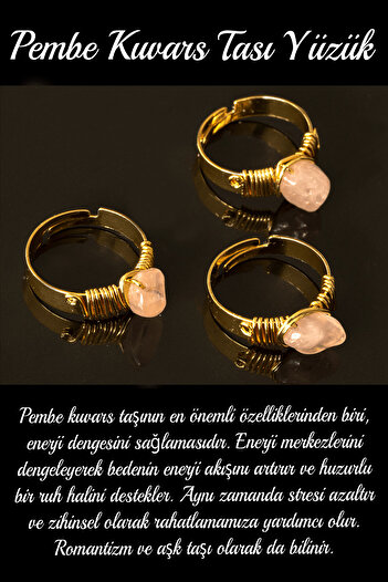 Tesbih Atölyesi Certified Thick Tumbler Model Pink Quartz Stone Ring - Adjustable