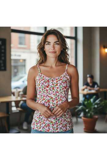 ESTA STORE White and Red Rose Patterned Tank Top with String Straps
