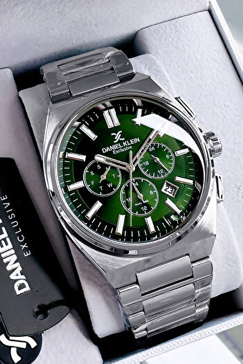 Daniel Klein Exclusive Men's Wristwatch 3 Atm Water Resistant Silver Green Color Steel Band Gift Bracelet Dke2004C3