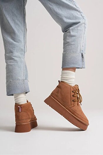 Ayakkabı Delisiyim Women's Boots Tan Brown Suede – Wool Inside, Thick Sole, Lace-Up, Warm, Heribo