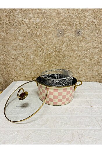 MİEN HOME Emaye Ci̇ps Tencecresi̇ 22cm Pink Checkerboard