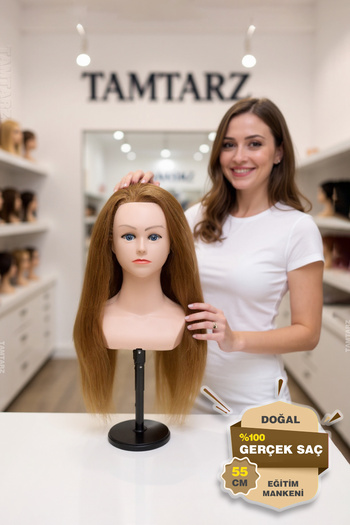 TAM TARZ 100% Real Hair Shoulder Hairdresser Training Mannequin + Table Apparatus / Caramel / 55 cm