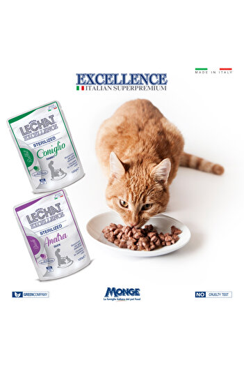 Monge Sterilized Cat Wet Food Flow Pack duck/rabbit Pack of 4 x100g Pouches - Lechat Excellence by Monge