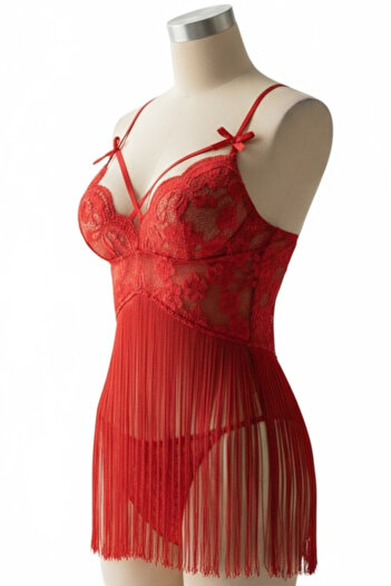 Peille Women's Stylish Nightdress. Breast Detailed Leg Low-Cut Nightgown.