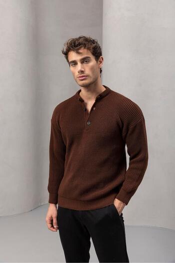 Valiberta Wes Thessaloniki Knitted 3 Button Half Placket Comfortable Fit Men's Knitwear Sweater - Brown
