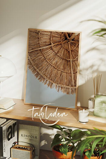 tablodea Hasır Şemsiye Temalı Bohem Dekor Çerçeveli Poster Tablo, Minimalist Dekoratif Modern Duvar Tablosu