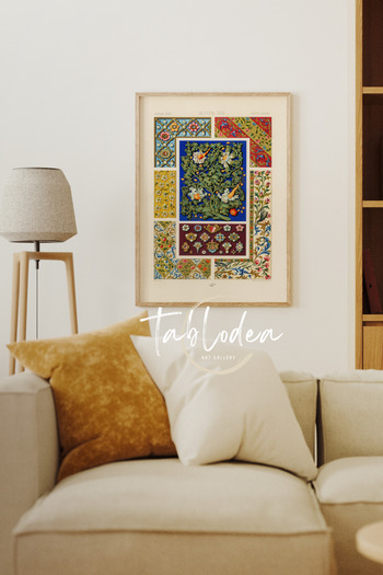 tablodea Çiçekli Desenli Vintage Çerçeveli Poster Tablo, Otantik Motifli Dekoratif Etnik Bohem Duvar Tablosu