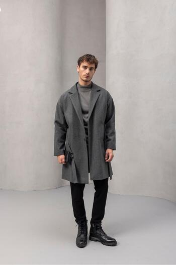 Valiberta Carlo Oversize Cashmere Fabric Winter Men's Coat with Fileto Pockets - Smoked