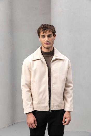 Valiberta Stamped Fabric Fillet Pocket Zippered Men's Jacket - Stone