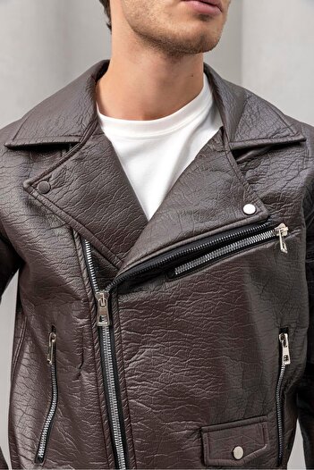 Valiberta Ανδρικό μπουφάν Russell Multi-Pocket Biker Leather Look - Καφέ
