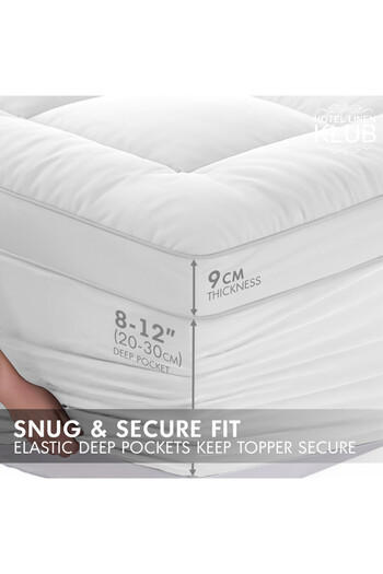 Hotel Linen Klub Premium Fitted-Style Mattress Topper 9cm/800GSM with deep pocket and all around elastic – White