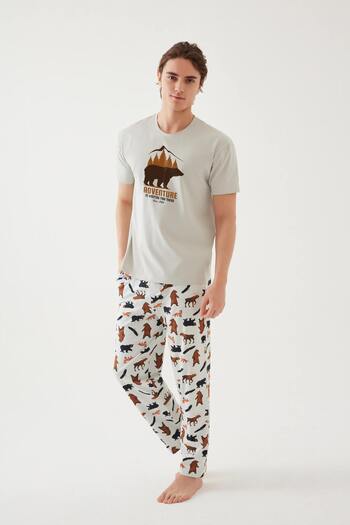 koza iç giyim Erkek Kısa Kollu Pamuklu Ayıcık Desenli Pijama Takımı