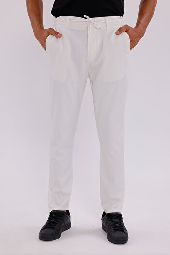 Firststops Men's Off-White Linen-Look Comfortable Fit Breathable Lace-Up Trousers