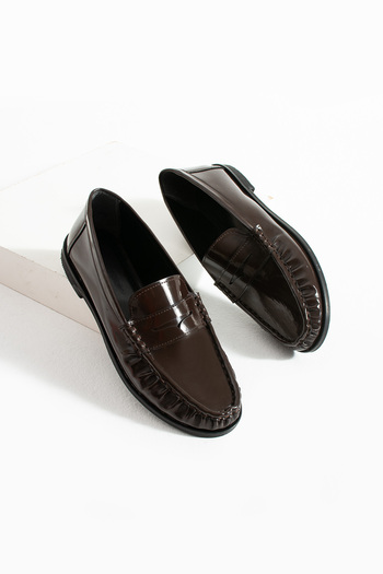 diclepolat Lucy Women's Brown Patent Leather Loafer with Saddle Detail Comfortable Casual Shoes