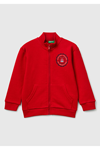 United Colors of Benetton Boy's Red Logo Detailed Front Zippered Ribbed Sweatshirt
