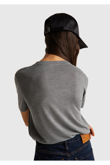 United Colors of Benetton Women's Anthracite Melange Silk Blend Round Neck Short Sleeve Sweater with Front Detail
