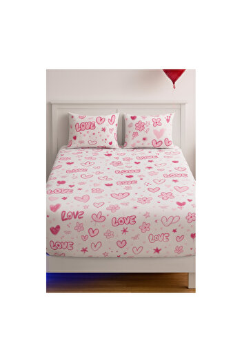 Felina Home Double King Size Cotton Fitted Sheet Set with Heart and Floral Love Embossing