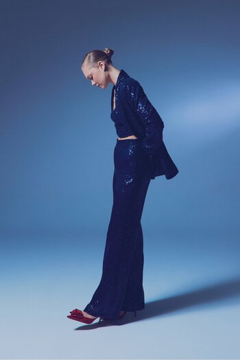 Sateen Sequined Loose Trousers - Dark Blue
