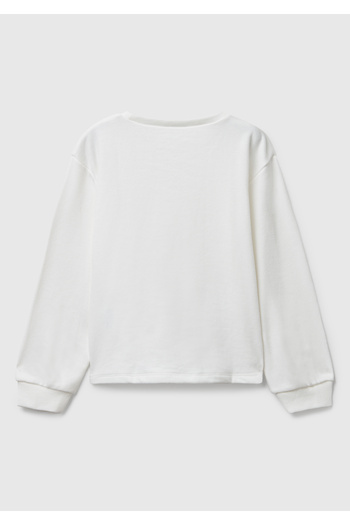 United Colors of Benetton Girl's Ecru Oversized Ribbed Sweatshirt with Graphic Print on the Front