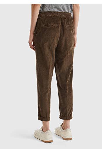 United Colors of Benetton Women's Dark Brown Velvet Trousers with Elastic Waist