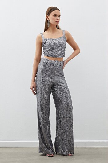 Sateen Belted Sequin Trousers - Silver