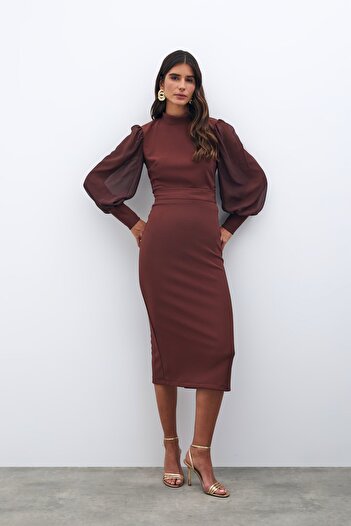 Sateen Καφέ Midi Pencil Φούστα