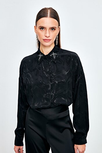 Sateen Patterned Shirt with Collar Accessories - BLACK