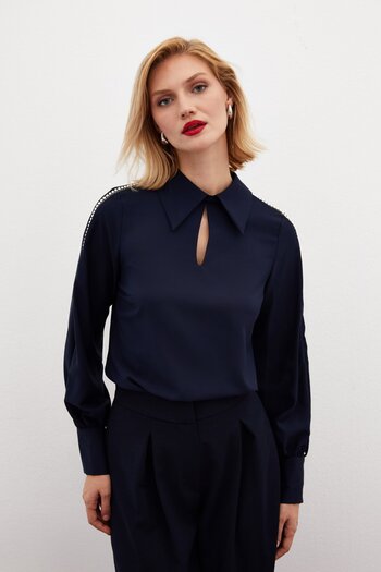 Sateen Pearl Detailed Sleeves - Navy Blue Blouse
