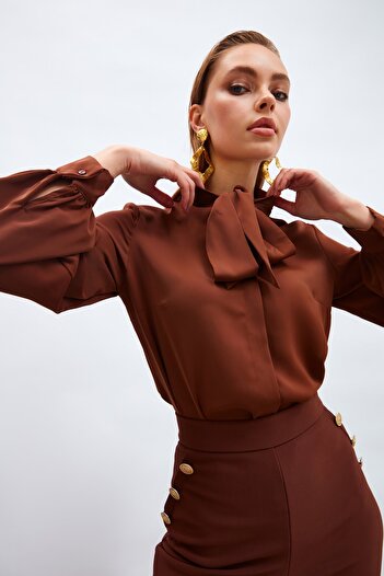 Sateen Tie-Up Collar Brown Plain Shirt