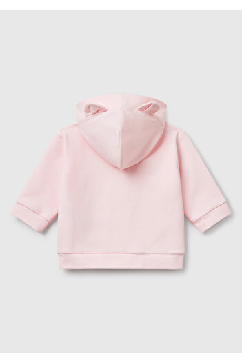 United Colors of Benetton Baby Pink Logo Label Zippered Eared Hooded Sweatshirt