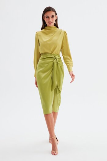Sateen Fusta din satin cu șireturi - verde ulei